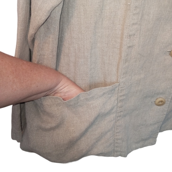 Flax 100% Linen Lagenlook Button Up Collared Shirt Jacket Tan Size 18 - Picture 4 of 10